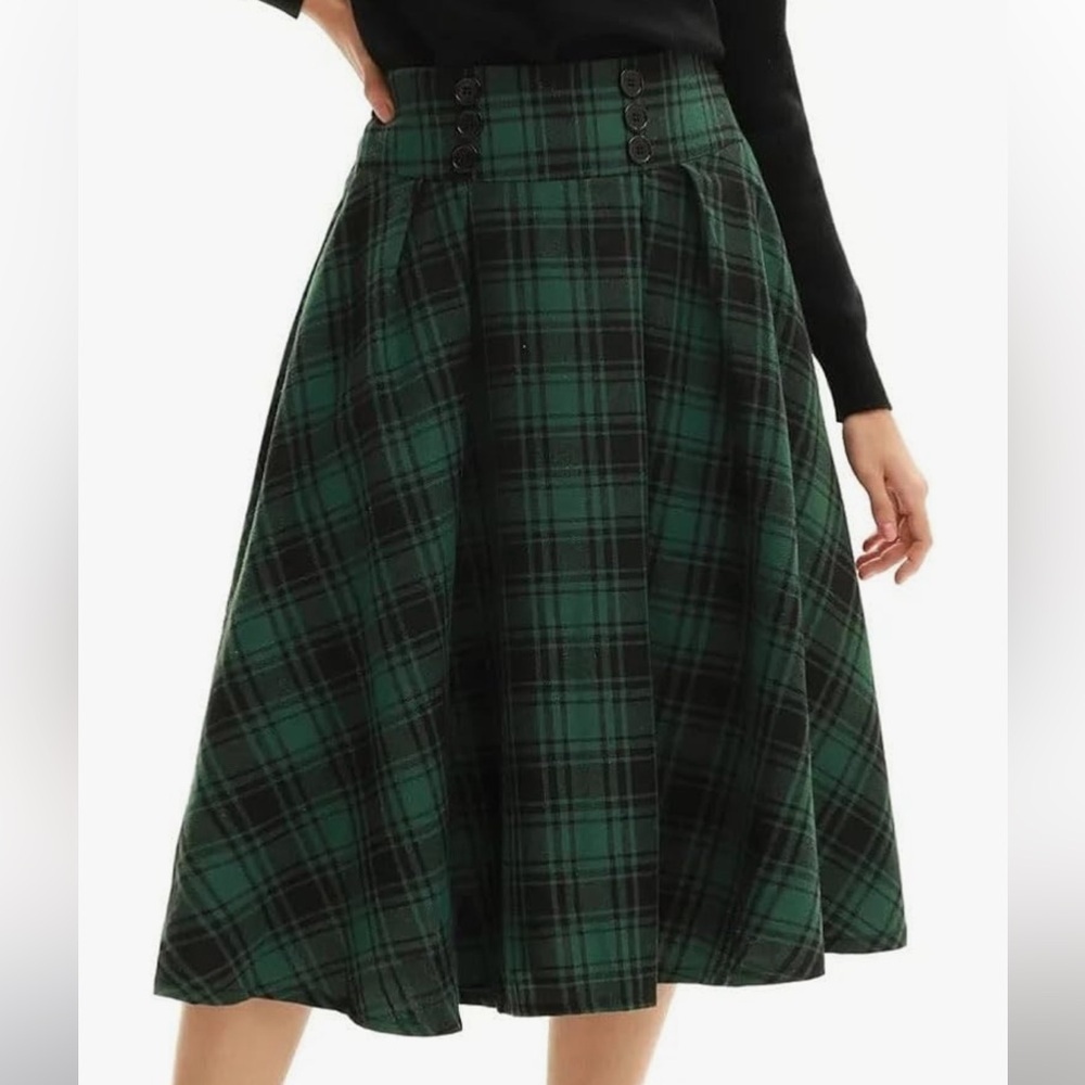 NWT Vintage Pleated Plaid Skirt Sz XL High Waist Preppy Button Decoration